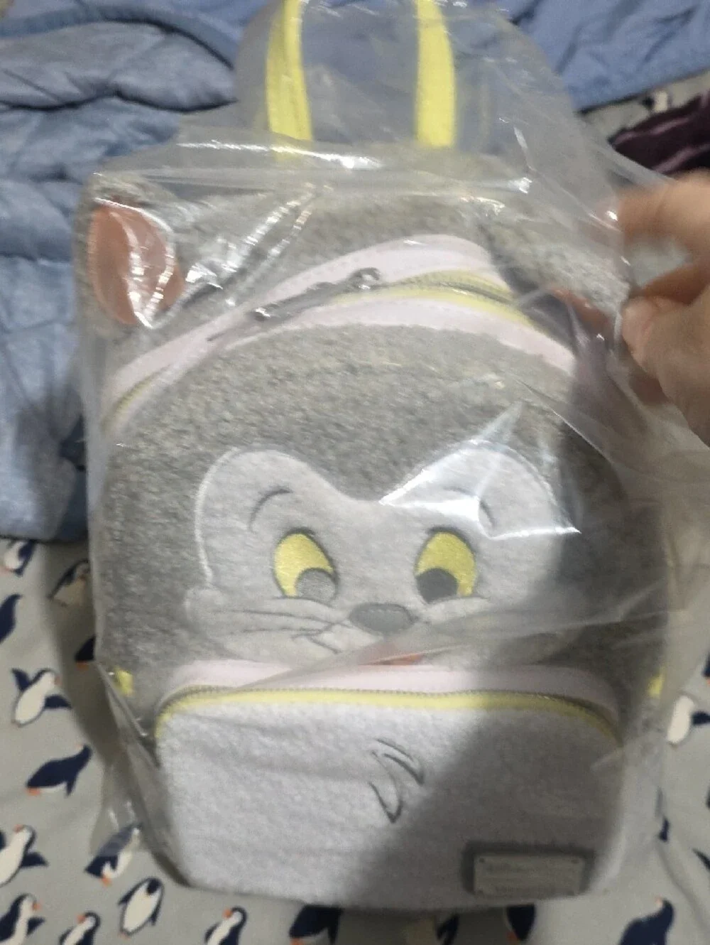 Loungefly Grey Tom Cat Sherpa Kids Backpack with Yellow Accents